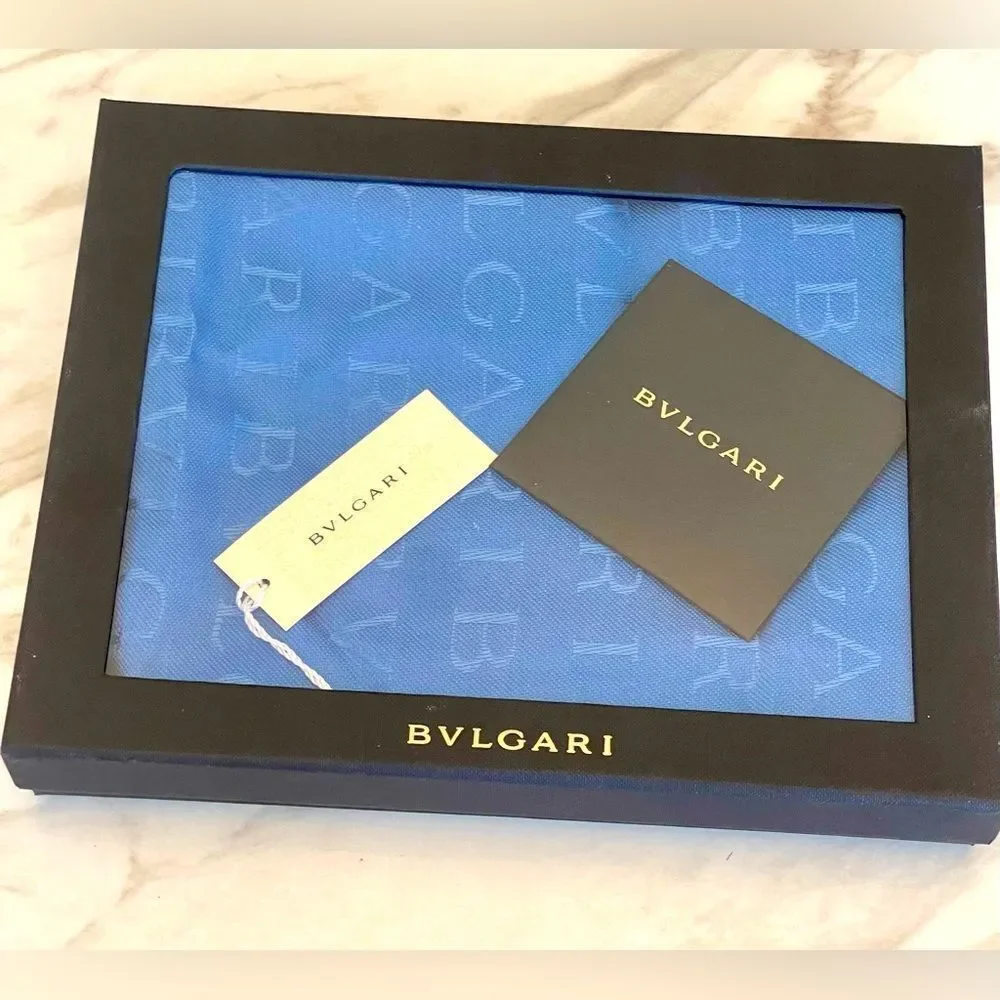 Bvlgari Blue Silk Wool Logo Scarf – 70” x 30” – Made in Italy NWT